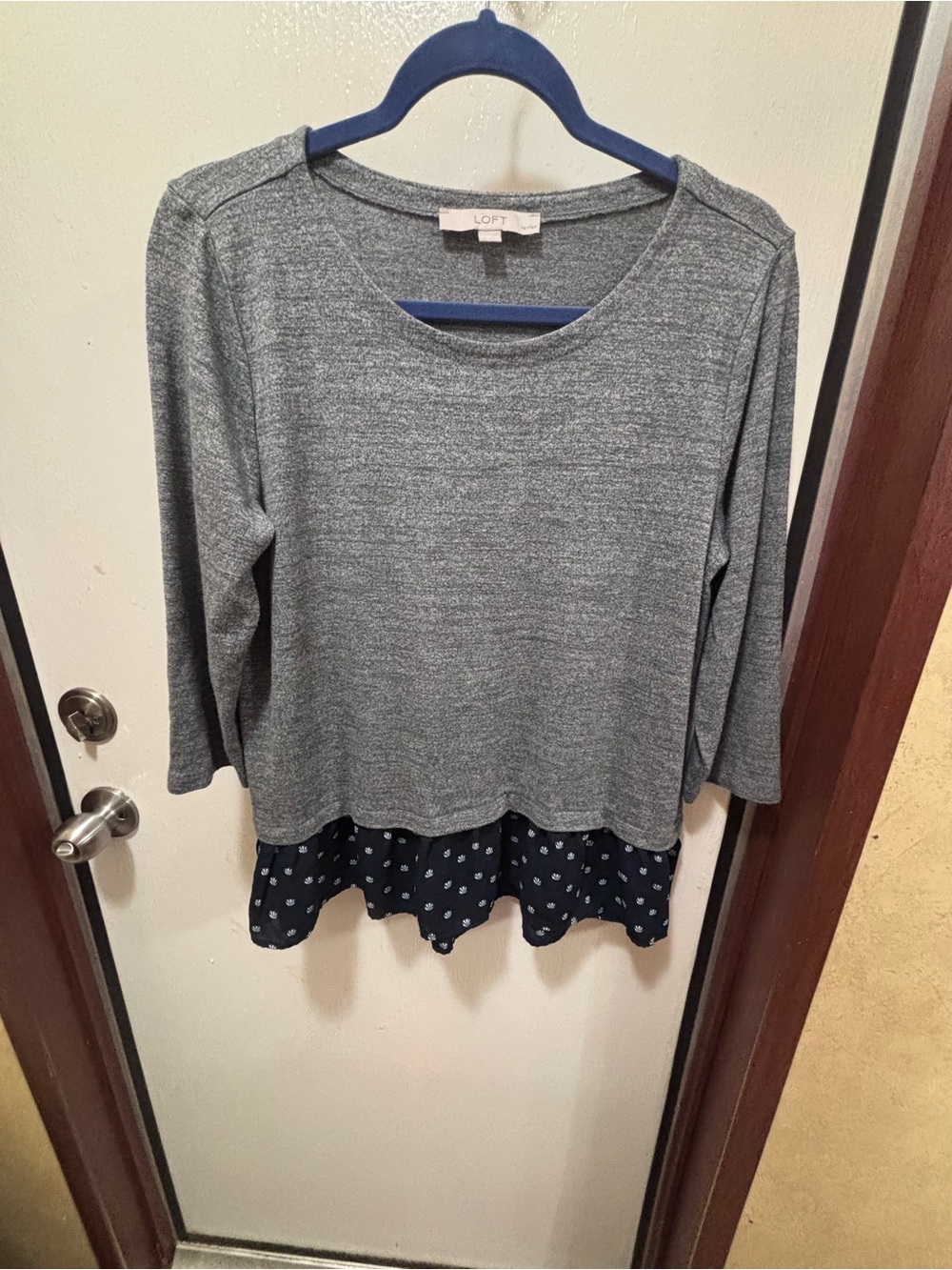 LOFT Gray Knit Top with Navy Polka Dot Layered Hem